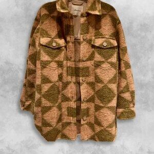 Aritzia Wilfred Free Wool Ganna Jacket Geometric Pattern Green Cream W Large NWT